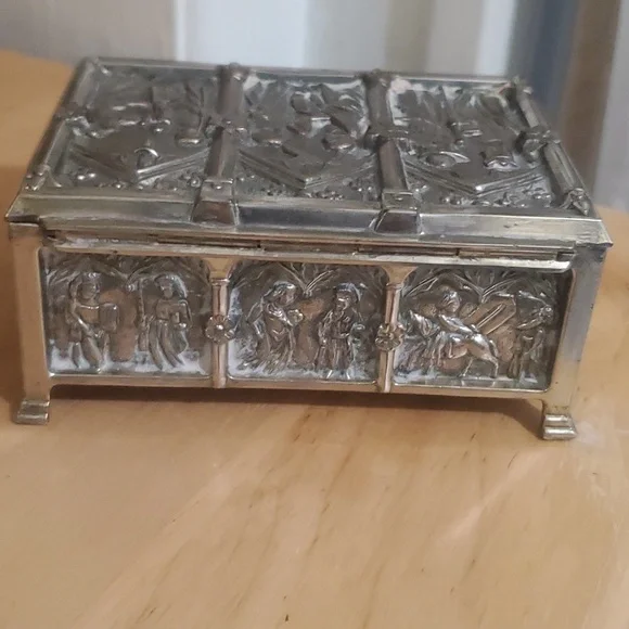 Gothic Revival Bronze Jewelry Box with Biblical Scenes in Church Window Panels